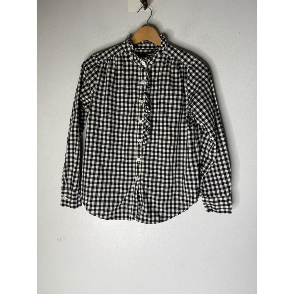 Ann Taylor Petite Gingham Ruffle Collar Button Down Shirt Black White SP